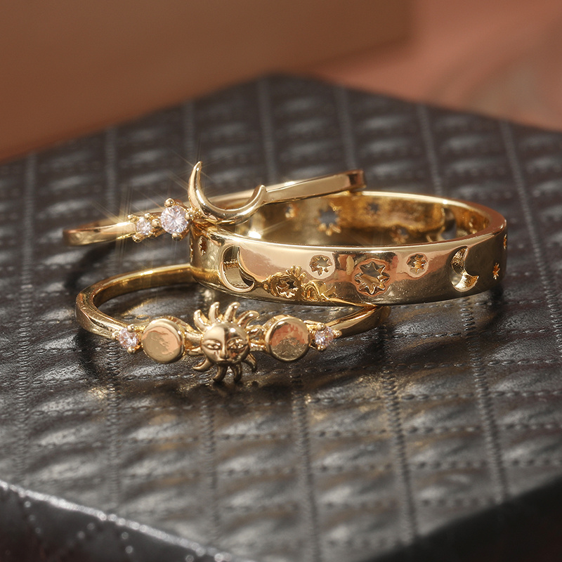 Moon & Sun CZ Stackable Rings Set Golden Tone Bohemian Gift for Her